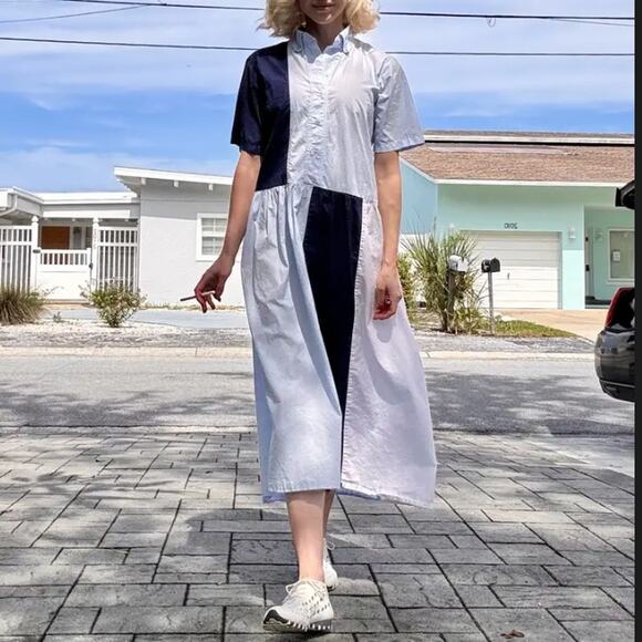 Plan C Blue Colorblock Shirt Midi Dress SMALL Cotton Oversized Designer $385 - Picture 7 of 12